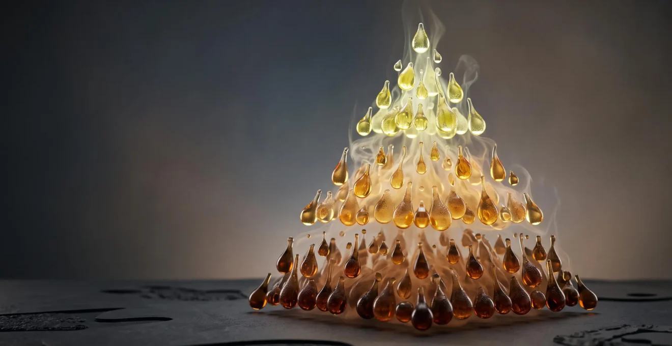 Représentation symbolique d'une pyramide aromatique construite avec des éléments évoquant les notes de tête, de cœur et de fond d'un e-liquide élaboré