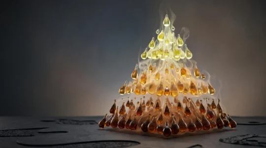 Représentation symbolique d'une pyramide aromatique construite avec des éléments évoquant les notes de tête, de cœur et de fond d'un e-liquide élaboré