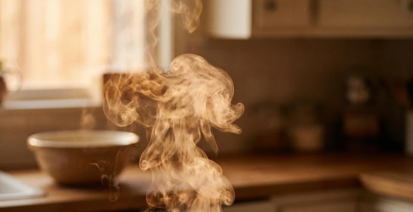 Nuage de vapeur chaude et dorée évoquant la douceur réconfortante d'une crème dessert, dans une ambiance intime et nostalgique