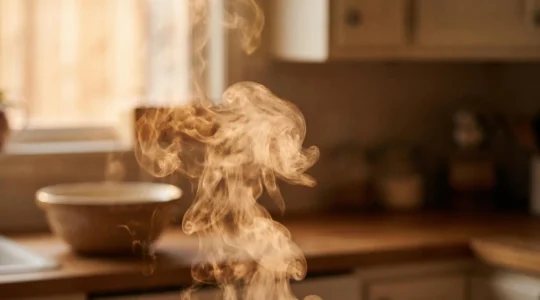 Nuage de vapeur chaude et dorée évoquant la douceur réconfortante d'une crème dessert, dans une ambiance intime et nostalgique