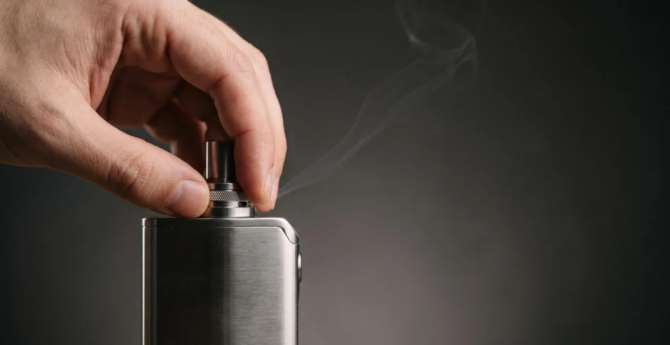 Main de vapoteur ajustant avec précision la bague d'airflow d'un atomiseur, symbole du réglage au millimètre