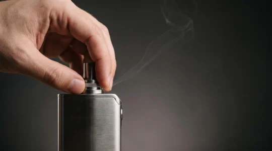 Main de vapoteur ajustant avec précision la bague d'airflow d'un atomiseur, symbole du réglage au millimètre