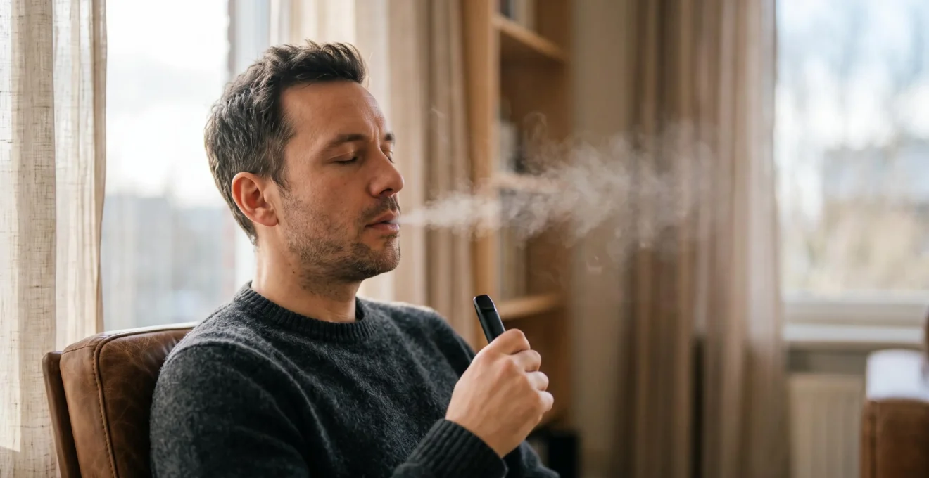 Personne exhalant lentement de la vapeur dans une lumière douce, symbolisant la transition apaisée de la cigarette vers la vape en inhalation indirecte