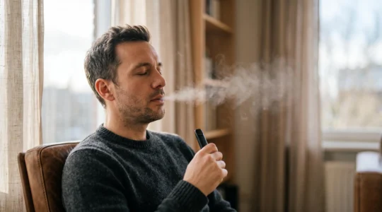 Personne exhalant lentement de la vapeur dans une lumière douce, symbolisant la transition apaisée de la cigarette vers la vape en inhalation indirecte