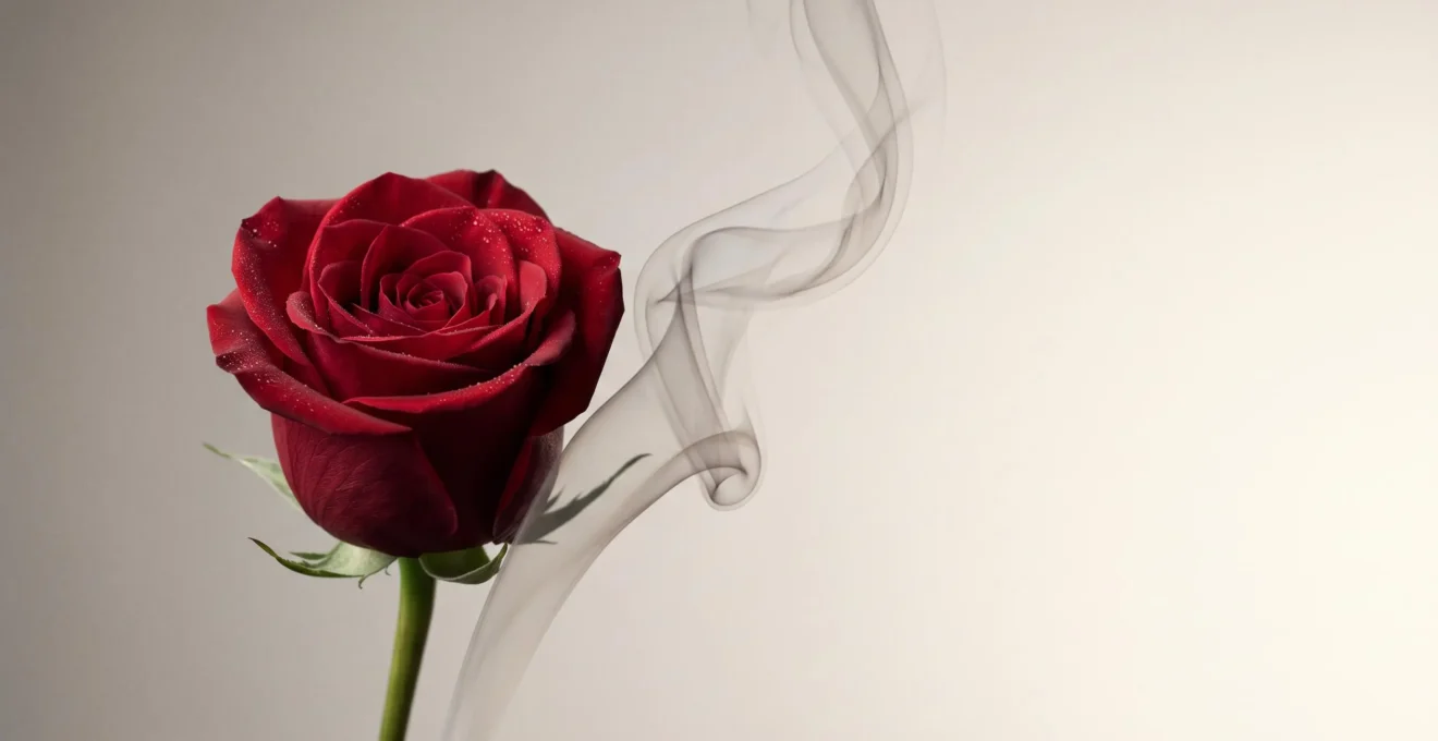 Une rose élégante et une volute de vapeur entrelacées dans une composition raffinée évoquant la sophistication florale moderne en vape