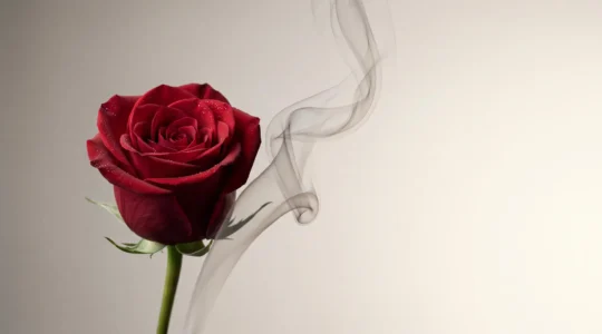Une rose élégante et une volute de vapeur entrelacées dans une composition raffinée évoquant la sophistication florale moderne en vape