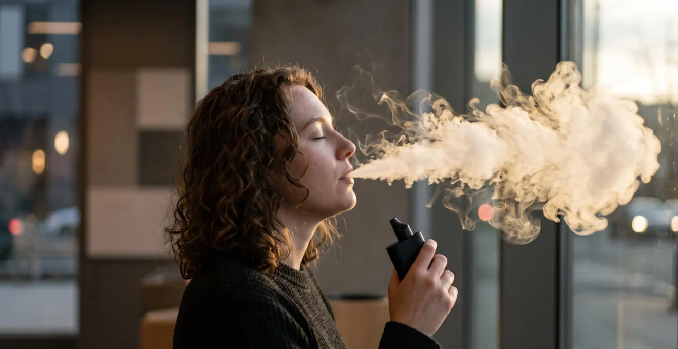 Vapoteur de profil exhalant un nuage de vapeur dense traversé par une lumière chaude, symbolisant la satisfaction rapide des sels de nicotine