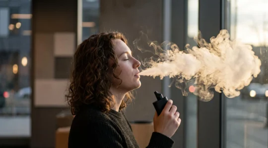 Vapoteur de profil exhalant un nuage de vapeur dense traversé par une lumière chaude, symbolisant la satisfaction rapide des sels de nicotine