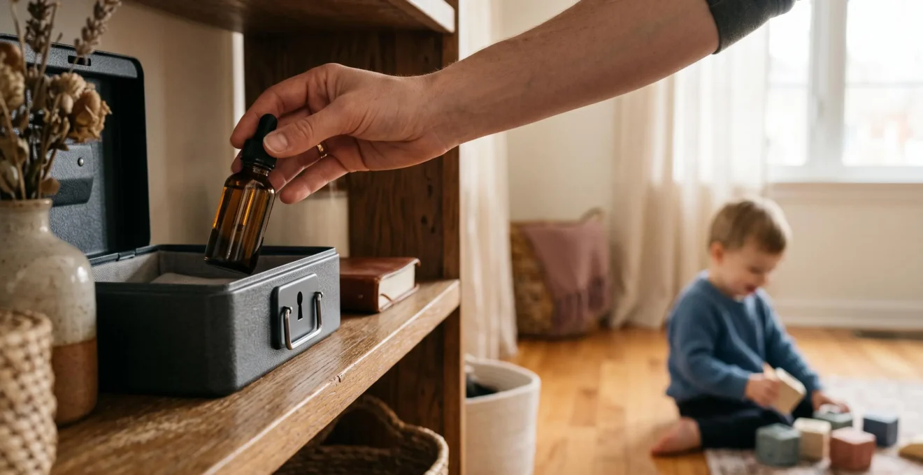 Parent rangeant un flacon d'e-liquide dans une boite de securite en hauteur, hors de portee d'un enfant
