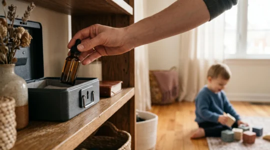 Parent rangeant un flacon d'e-liquide dans une boite de securite en hauteur, hors de portee d'un enfant