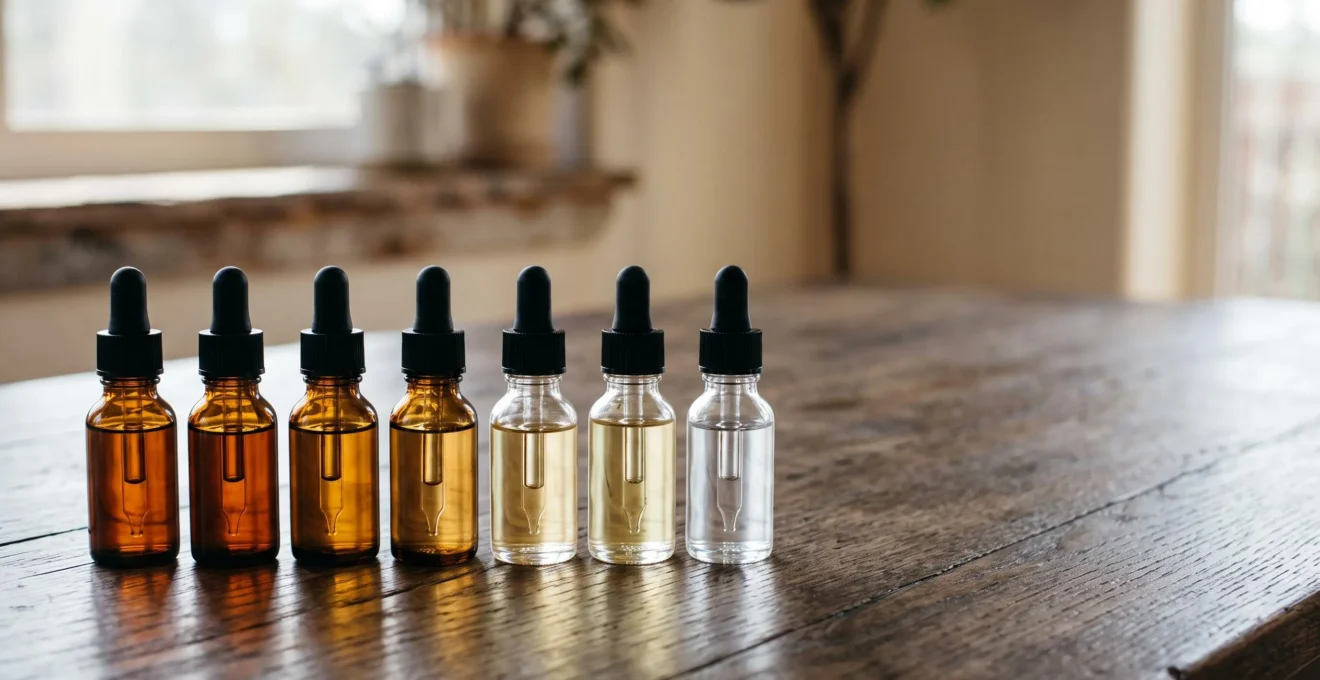 Rangée de flacons d'e-liquide disposés en degradé du orange fonce au transparent, symbolisant la reduction progressive du taux de nicotine sur six mois.