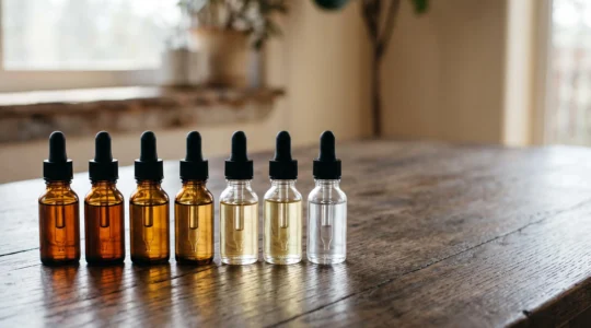 Rangée de flacons d'e-liquide disposés en degradé du orange fonce au transparent, symbolisant la reduction progressive du taux de nicotine sur six mois.