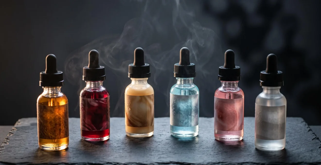 Composition élégante représentant les six grandes familles d'arômes pour e-liquide à travers des textures et couleurs distinctes