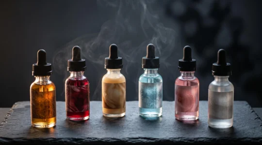 Composition élégante représentant les six grandes familles d'arômes pour e-liquide à travers des textures et couleurs distinctes