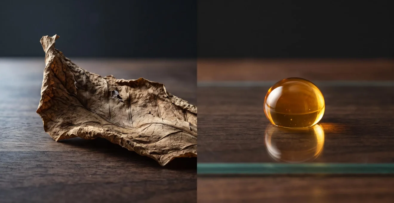 Composition symbolique opposant une feuille de tabac seche et une goutte d'e-liquide ambree et mielleuse