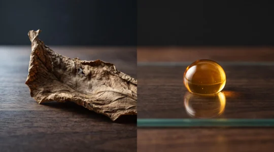 Composition symbolique opposant une feuille de tabac seche et une goutte d'e-liquide ambree et mielleuse