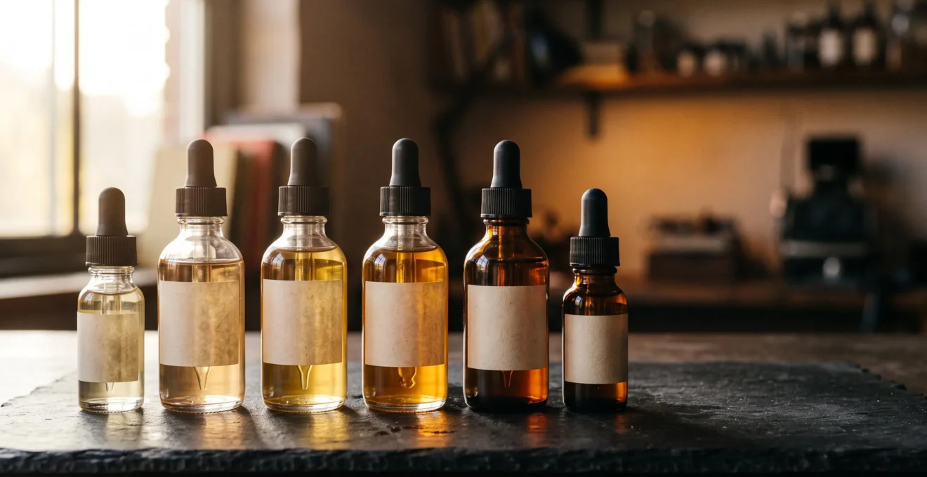 Flacons d'e-liquide ambrés disposés dans une lumière dorée, symbolisant la transformation par le steep