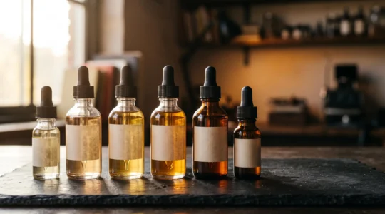 Flacons d'e-liquide ambrés disposés dans une lumière dorée, symbolisant la transformation par le steep
