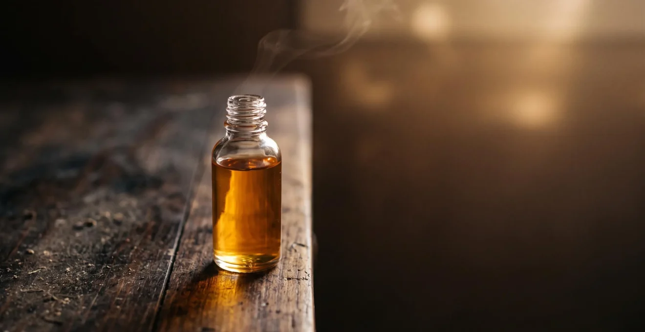 Flacon de e-liquide artisanal baigne dans une lumiere doree, symbole de la transformation par la maturation