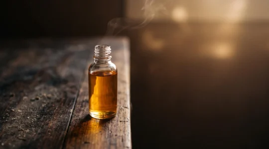 Flacon de e-liquide artisanal baigne dans une lumiere doree, symbole de la transformation par la maturation