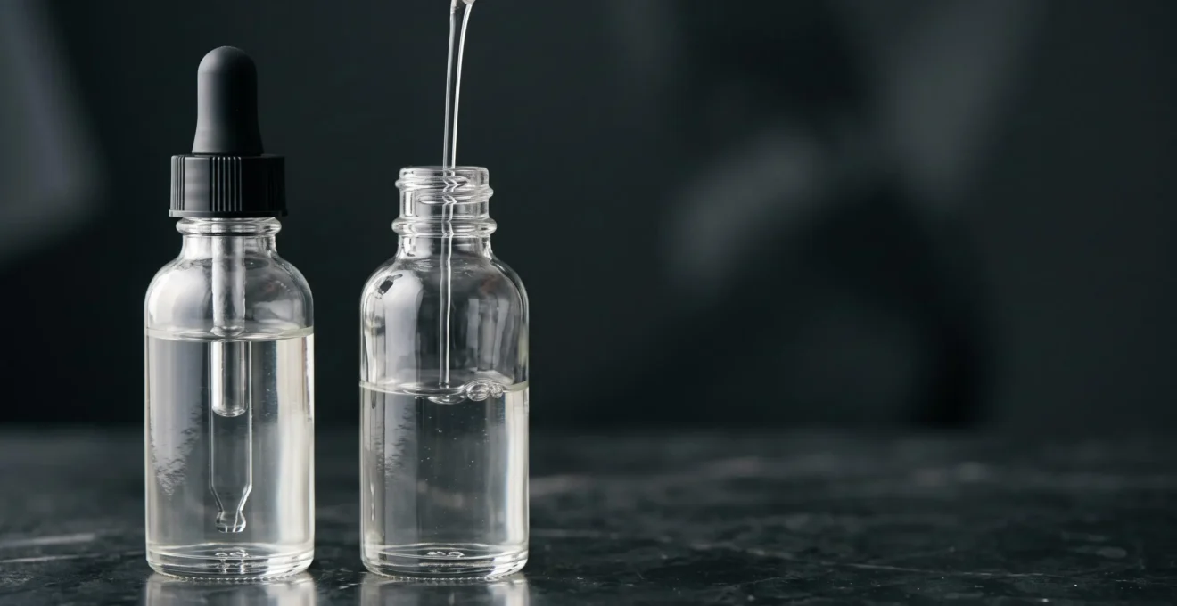 Deux flacons de e-liquide côte à côte symbolisant la transformation d'un liquide neutre en liquide nicotiné grâce à un booster