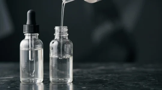 Deux flacons de e-liquide côte à côte symbolisant la transformation d'un liquide neutre en liquide nicotiné grâce à un booster
