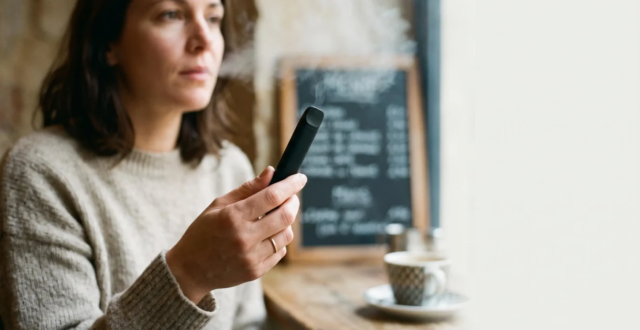 Une main tenant délicatement un pod de vapotage rechargeable compact et épuré, dans une ambiance calme
