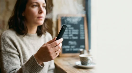 Une main tenant délicatement un pod de vapotage rechargeable compact et épuré, dans une ambiance calme