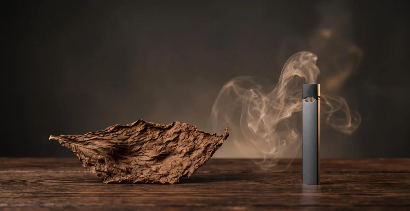 Passage symbolique entre une feuille de tabac séchée et un nuage de vapeur illustrant la transition sensorielle du fumeur vers le vapotage