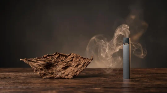 Passage symbolique entre une feuille de tabac séchée et un nuage de vapeur illustrant la transition sensorielle du fumeur vers le vapotage