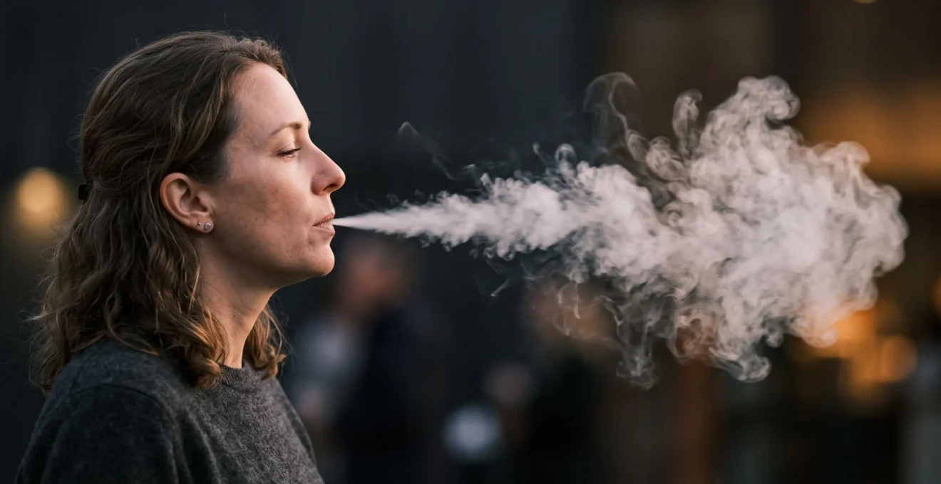 Vapoteur en pleine transition entre inhalation indirecte et directe, symbolisant l'évolution progressive du MTL vers le DL