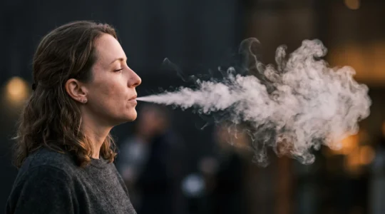 Vapoteur en pleine transition entre inhalation indirecte et directe, symbolisant l'évolution progressive du MTL vers le DL