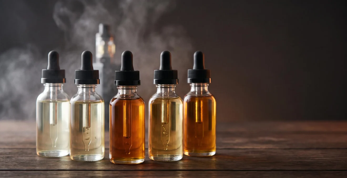 Cinq flacons de e-liquide aux textures différentes illustrant la recherche du ratio PG/VG idéal en vapotage
