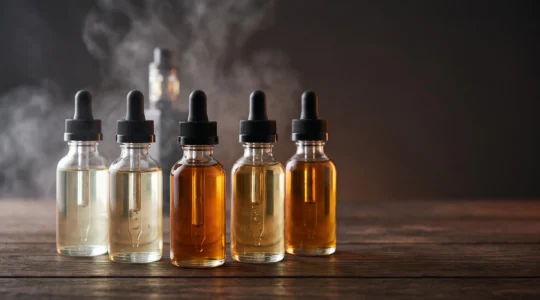 Cinq flacons de e-liquide aux textures différentes illustrant la recherche du ratio PG/VG idéal en vapotage