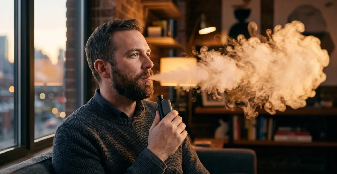 Vapoteur savourant une bouffée de vapeur dense et parfumée dans une ambiance chaleureuse, illustrant l'équilibre entre vapeur et saveurs du vapotage hybride restrictif