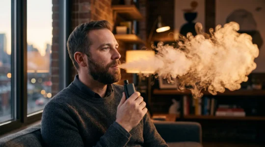Vapoteur savourant une bouffée de vapeur dense et parfumée dans une ambiance chaleureuse, illustrant l'équilibre entre vapeur et saveurs du vapotage hybride restrictif