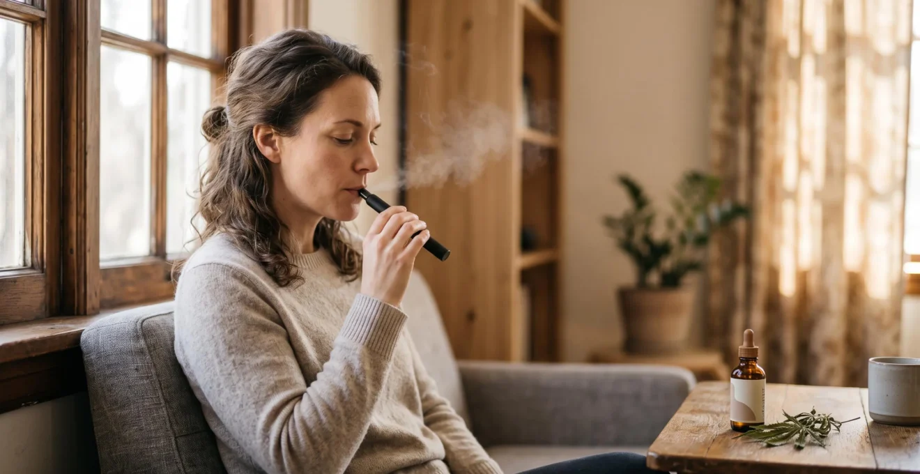 Personne vapotant sereinement un e-liquide au CBD dans un cadre lumineux et apaisant, illustrant un usage legal et responsable