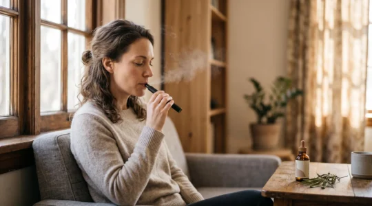 Personne vapotant sereinement un e-liquide au CBD dans un cadre lumineux et apaisant, illustrant un usage legal et responsable
