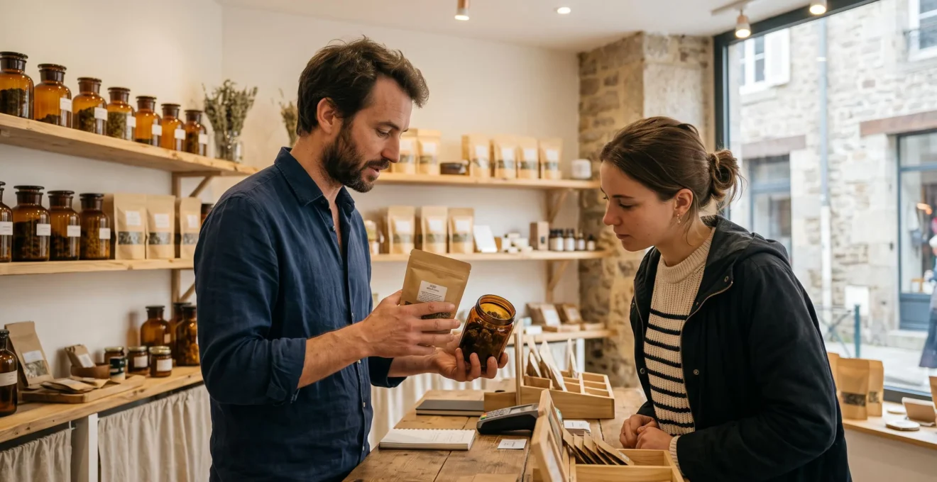 Un vendeur présente différents formats de produits CBD à une cliente dans une boutique spécialisée.