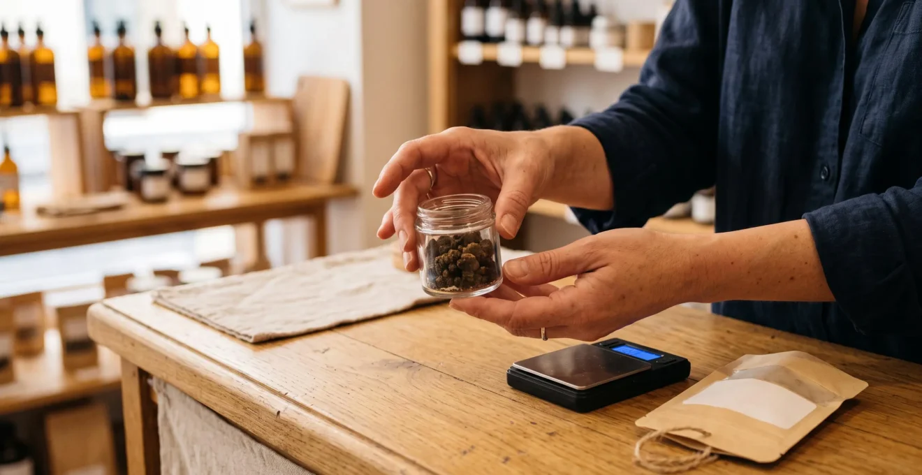 Un vendeur présente un petit pot en verre contenant de la résine de CBD sur le comptoir d'une boutique spécialisée.
