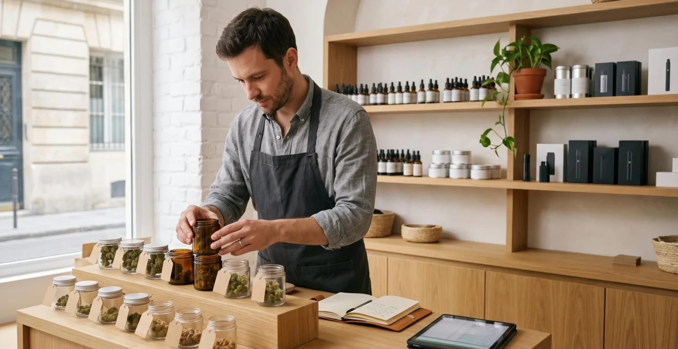 Un vendeur range des pots en verre de produits CBD sur le comptoir d'une boutique française.